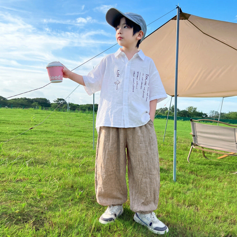 Boy's Short Sleeve Shirt Set, Casual Long Pants eprolo