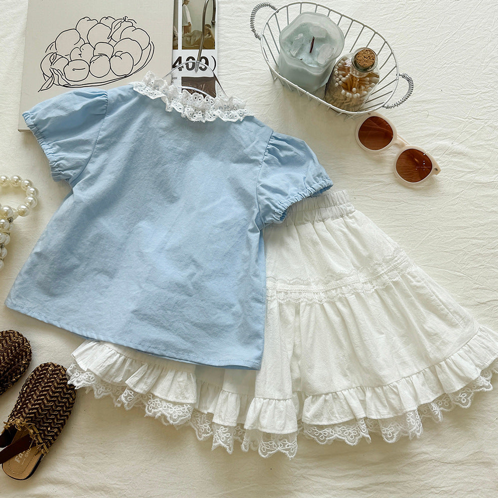 Lace Stand Collar Puff Sleeve Doll Shirt Set for Kids Cake Skirt Two-Piece Set eprolo