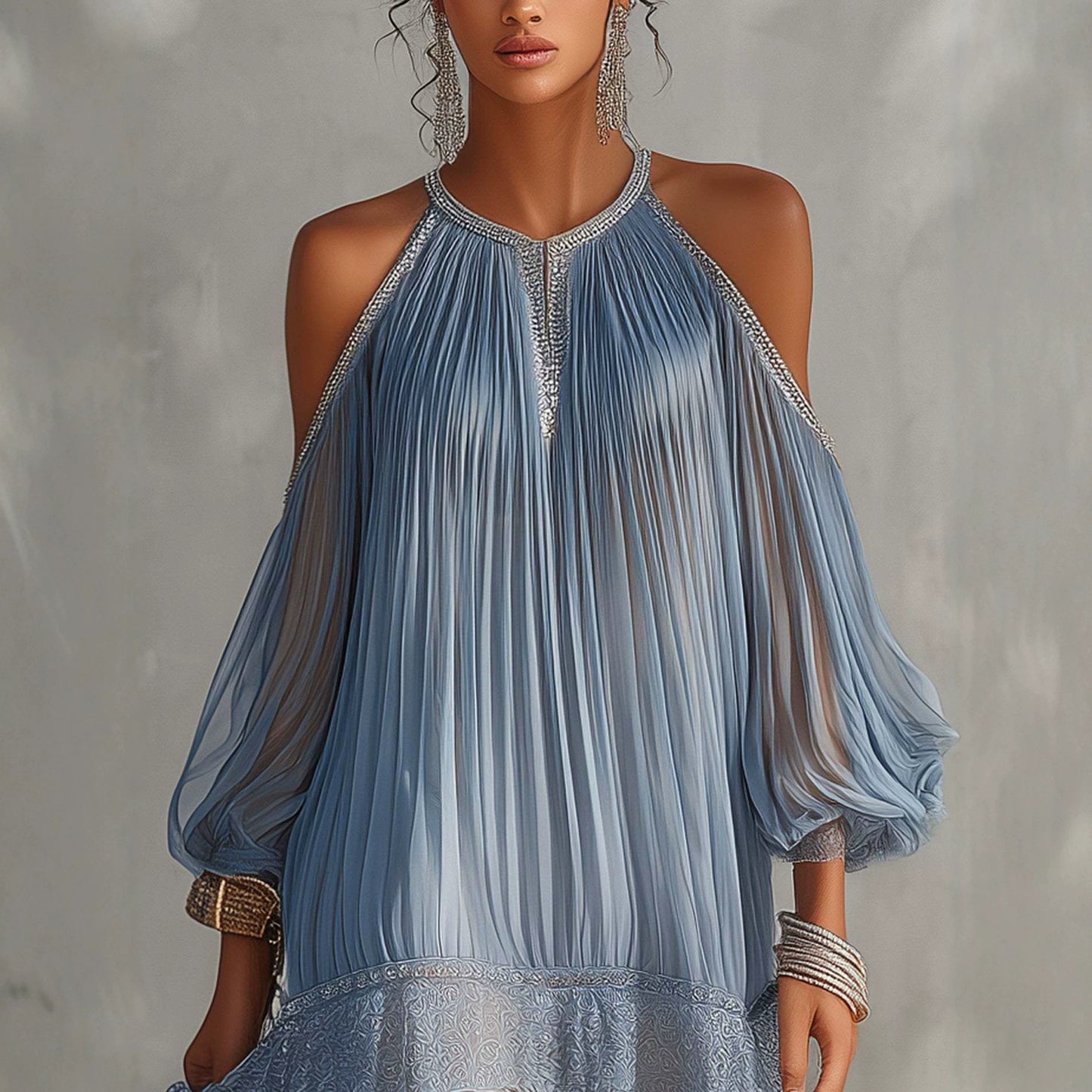 Flared Chiffon Dress with Ruffles and Lace Hem, Loose Fit with Bubble Sleeves, Vacation Beach Skirt eprolo