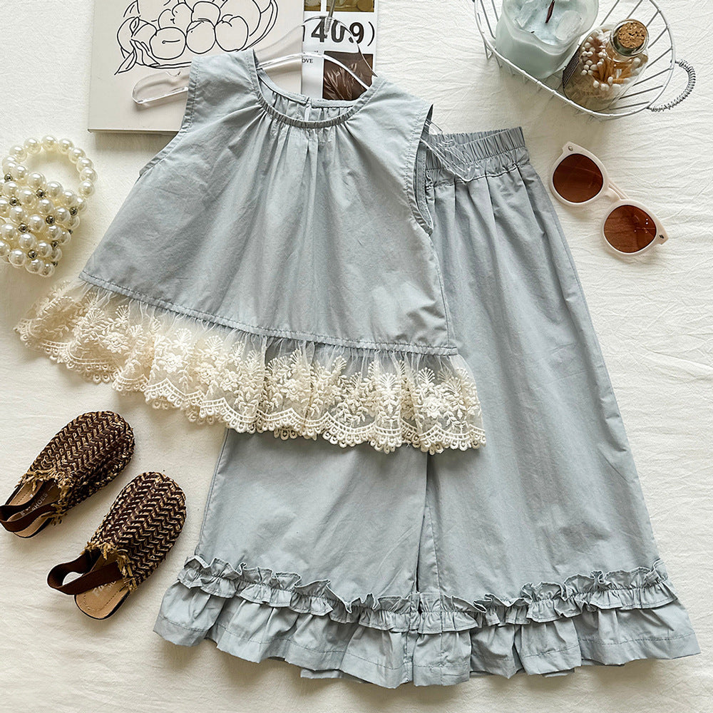 Cute Girls' Ruffled Sleeveless Blouse Set with Mesh e Hem and Peter Pan Collar Wide Leg Pants Two-Piece eprolo