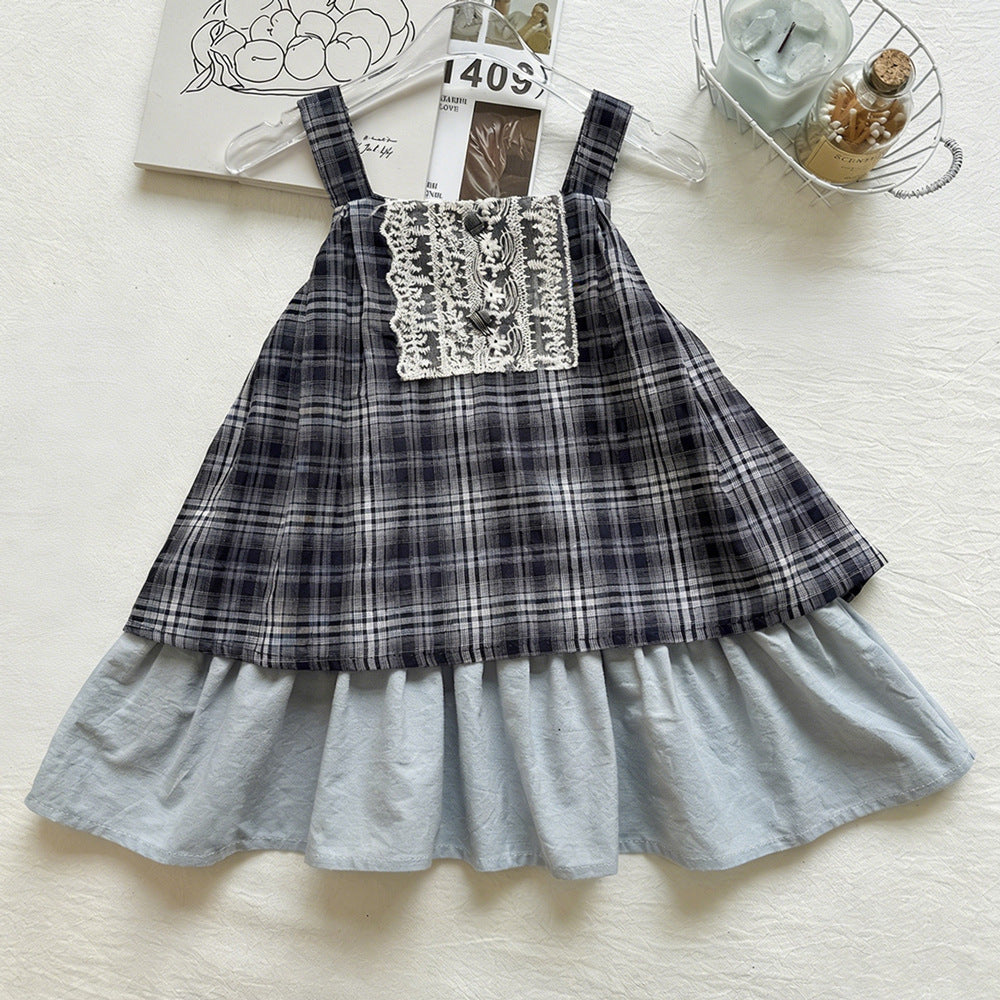 Chic Girl's Square Neck Lace Patchwork Double-Layer Hem Plaid Strap Dress with Wide Shoulder Straps eprolo