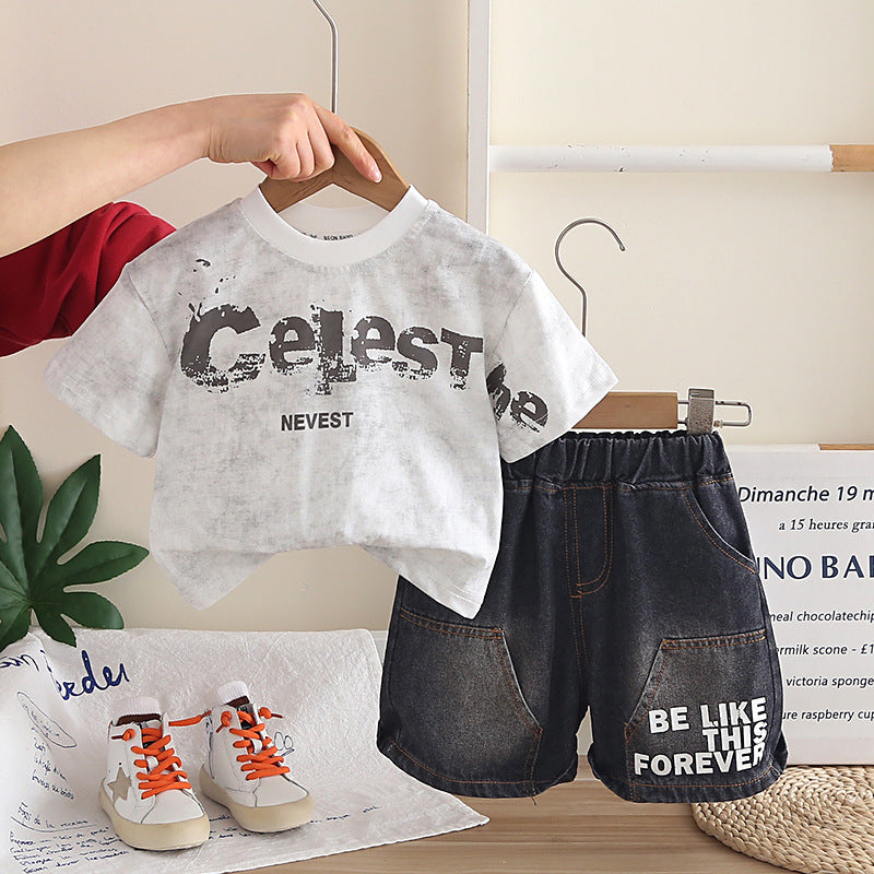 Two piece set of children's letter round neck short sleeved shorts eprolo
