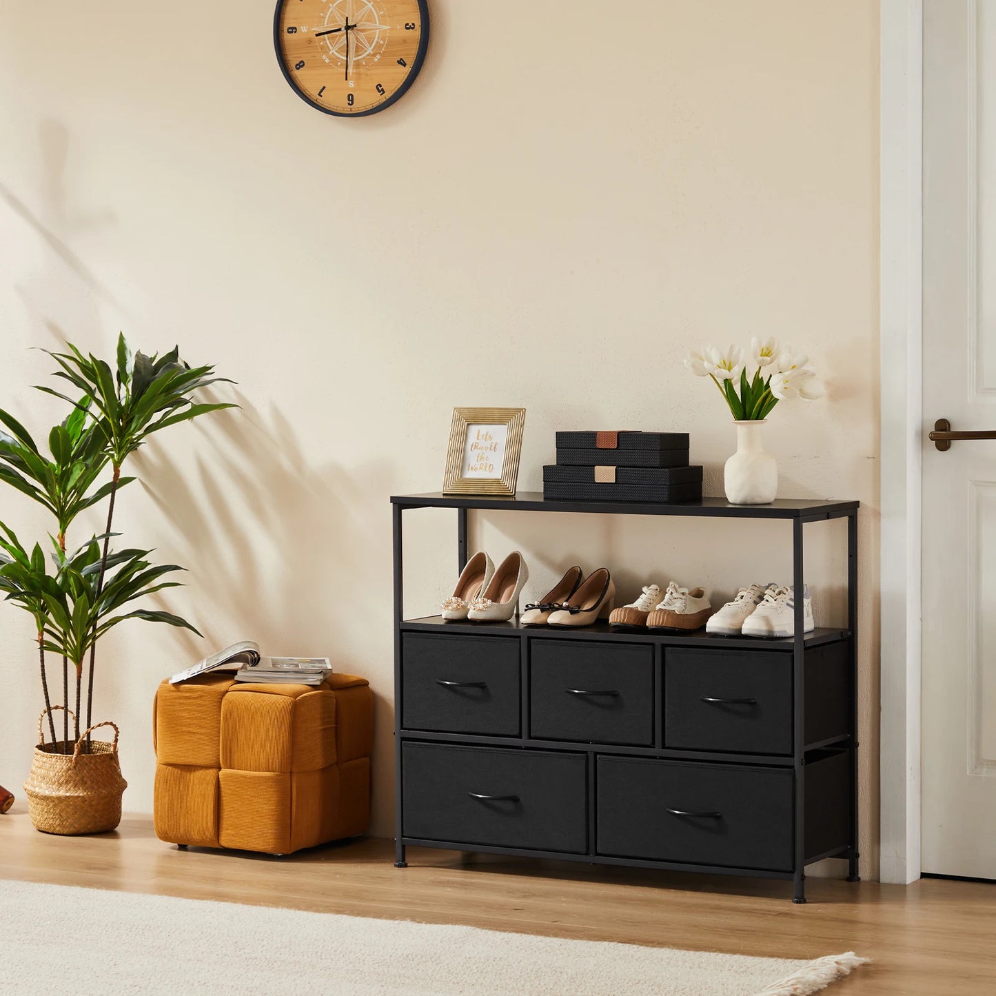 JHK Shoe Cabinet Dresser With 5 Fabric Drawers Toy Storage TV Stand Multilayer Shoe Rack Space Saving Cabinet Of Home Furniture annizon.com