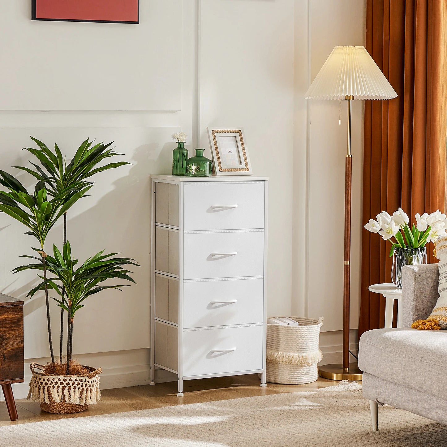 JHK Dresser For Bedroom With 4 Fabric Drawers Nightstand Wardrobe Steel Frame Closet For Clothes Storage Cabinet Of Furniture annizon.com