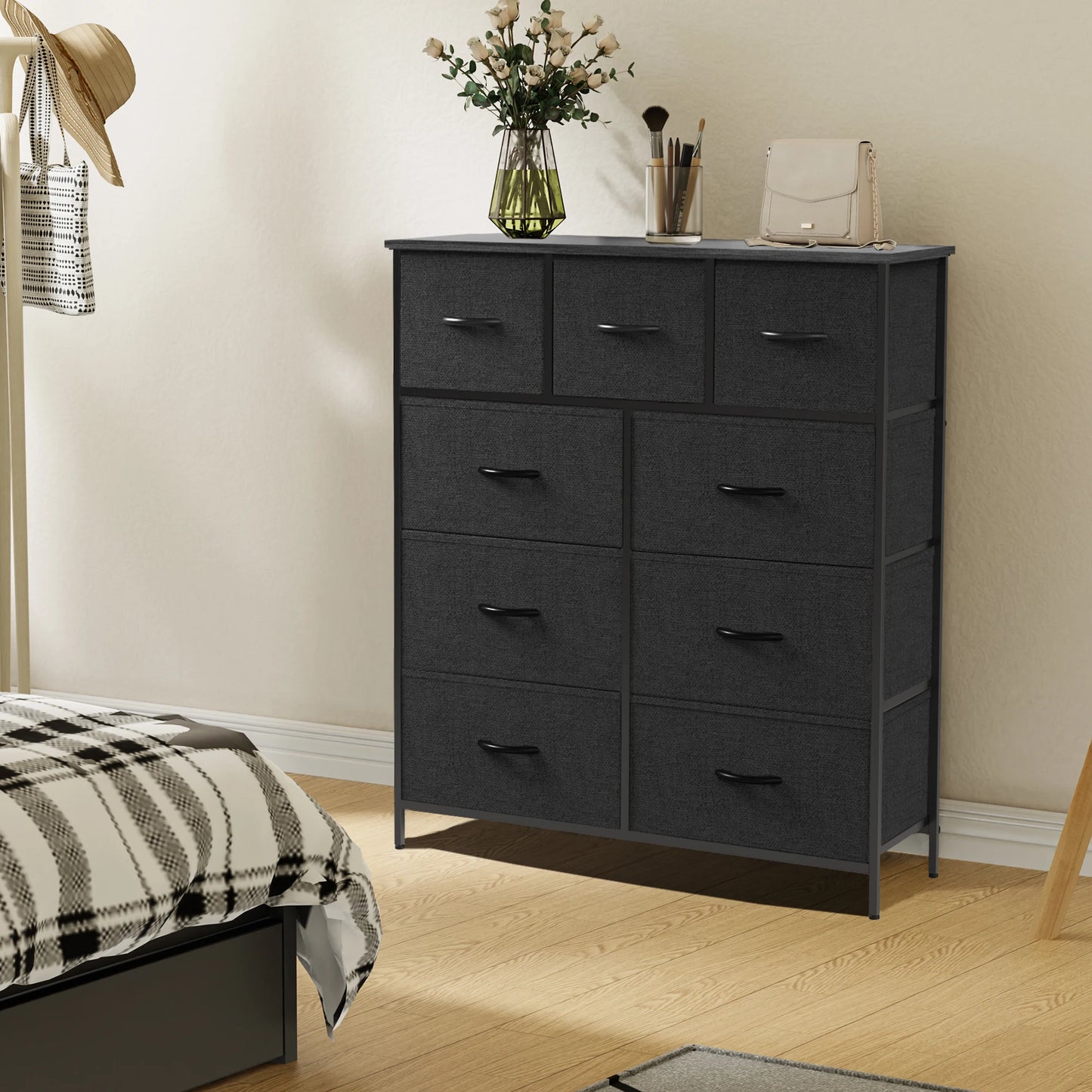 JHK Dresser For Bedroom With 9 Fabric Storage Drawer Wardrobe Tall Chest Organizer Closet Adult Kids Clothes Cabinet Furniture annizon.com