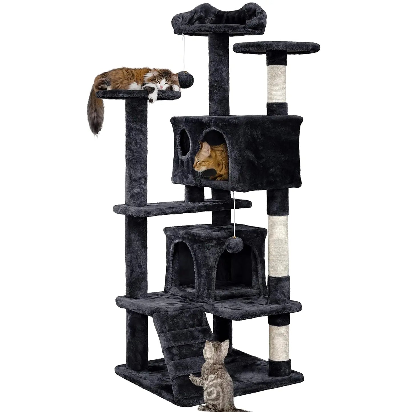 54in Multi-Level Cat Tree Kitten-ear Perch 2 Caves Scratch Posts Ladder 2 Balls Indoor Kittens Durable Pet Furniture , Custom annizon.com