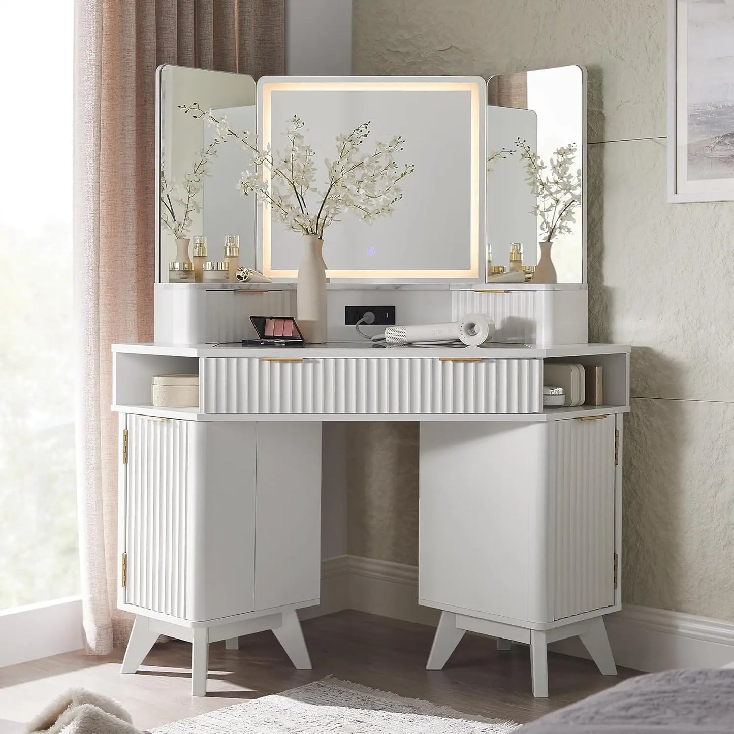 Fluted Makeup Vanity Desk with 3 Way Mirror and Lights, 48" Large Corner Vanity Table with Glass Top, Charging, Customized annizon.com