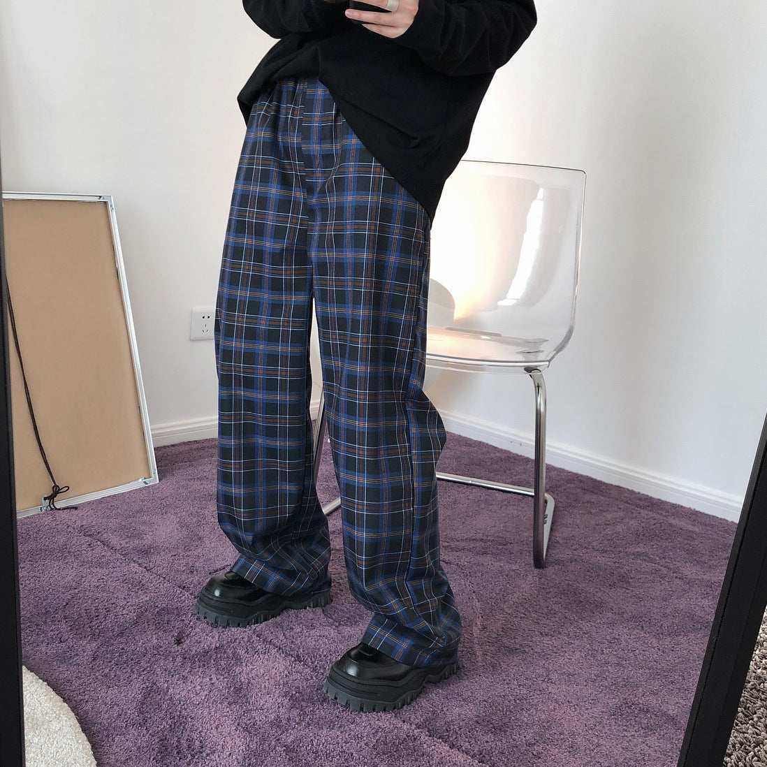 Louu France New Korea College Retro Grid Variety Legs Pants Loose Stork Fashion Struggling Leisure Children