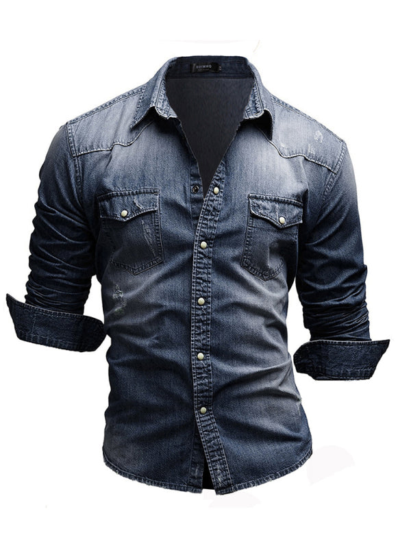 Casual Men's Double Pocket Men's Casual Long Sleeve Denim Shirt Jacket