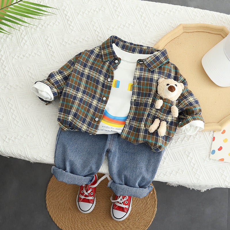 Boys Suit Casual New Trendy Children's Western Style Casual Plaid Three-Piece Korean Version Baby Handsome Plaid Shirt
