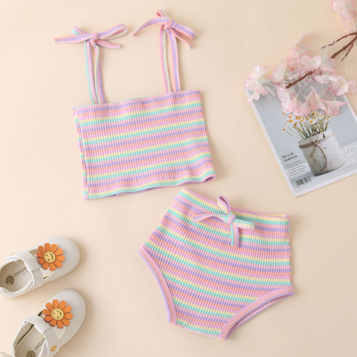 two-piece set ins style children's summer new product color pit striped sling + shorts