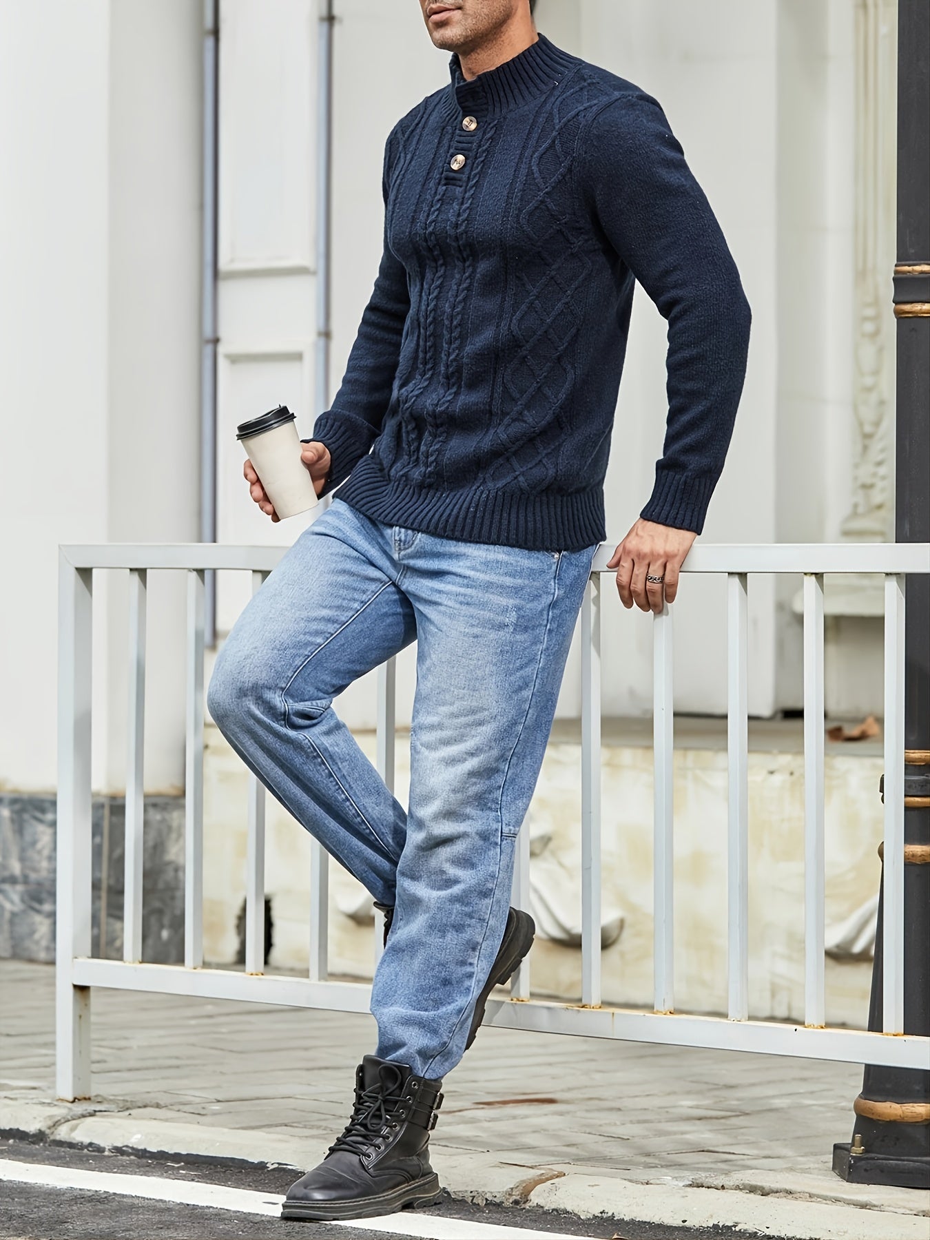 Men's Cable Knit Button Retro Long Sleeve Pullover Sweater