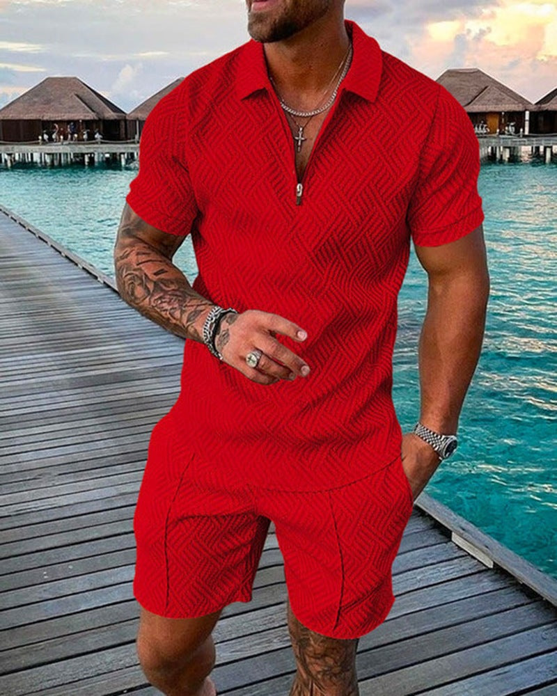 New Men's Fashion Casual Suit 3D Print Zip Short Sleeve Polo Shirt Shorts 2 Piece Set