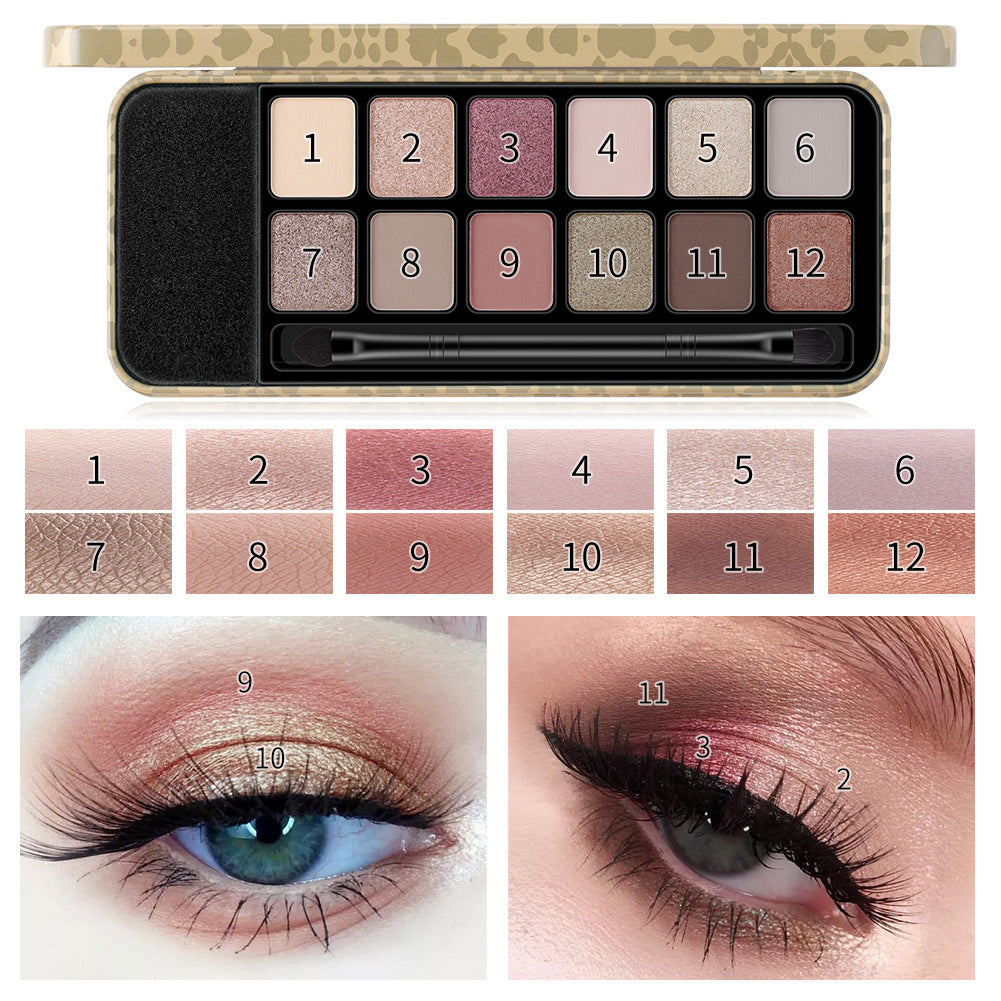 Romantic Beauty 12 Colors Leopard Eyeshadow Makeup Pearl Matte Finishing Eyeshadow Palette Brush