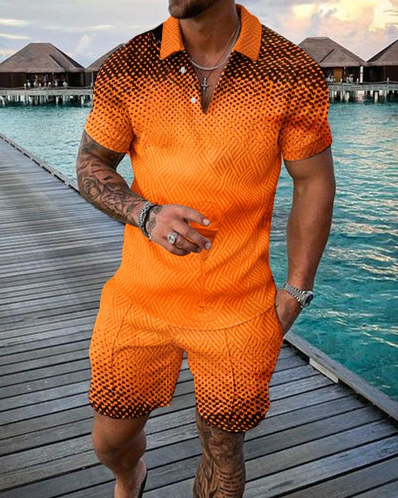 New Men's Fashion Casual Suit 3D Print Zip Short Sleeve Polo Shirt Shorts 2 Piece Set
