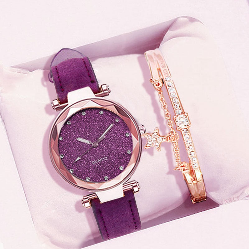Casual Women Romantic Starry Sky Wrist Watch bracelet Leather Rhinestone Designer Ladies Clock Simple Dress Gfit Montre Femme