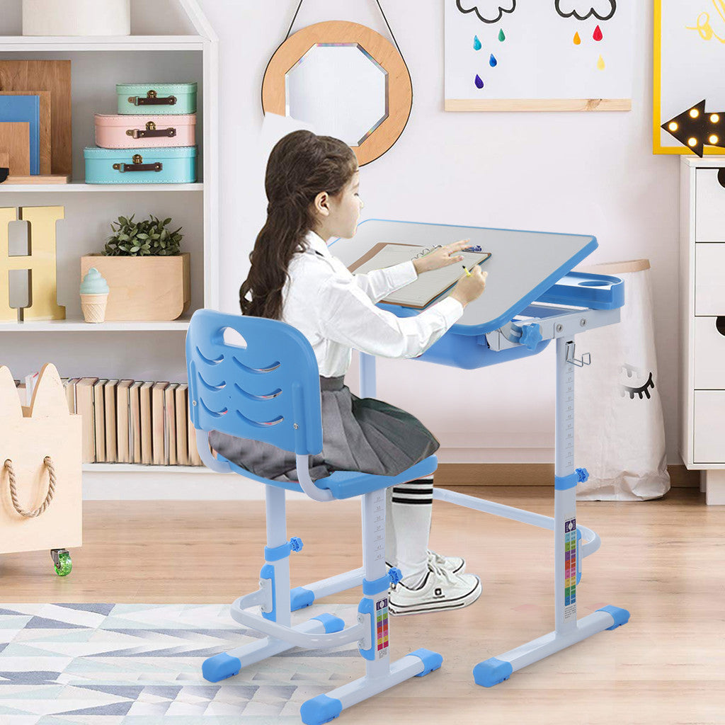 Height Adjustable Study Desk And Chair Set Pull Out Drawer With Tilted Desktop
