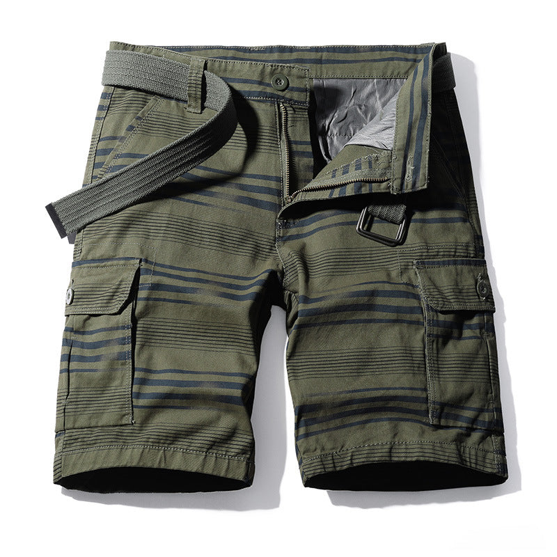 Work wear shorts men's fashion running water washing stripe Multi Pocket casual pants pure cotton five point sports men's pants