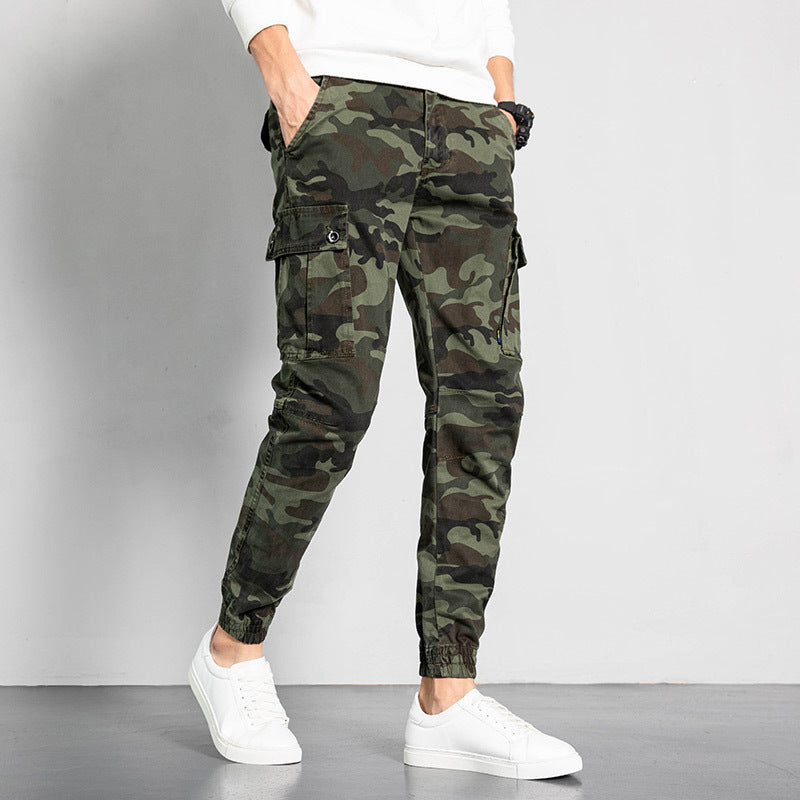 Men's overalls are fashionable and versatile. Large size washed camouflage multi bag casual pants