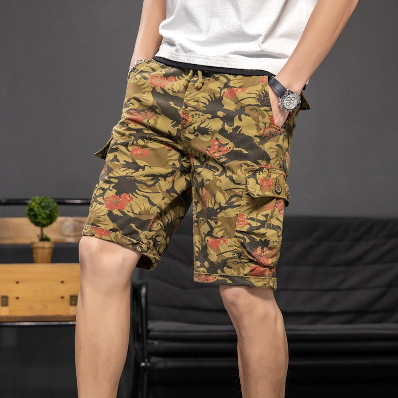 Shorts: Men's fashion, versatile, washed camouflage, multi pocket, work wear, casual pants, loose and movable, 5-point pants
