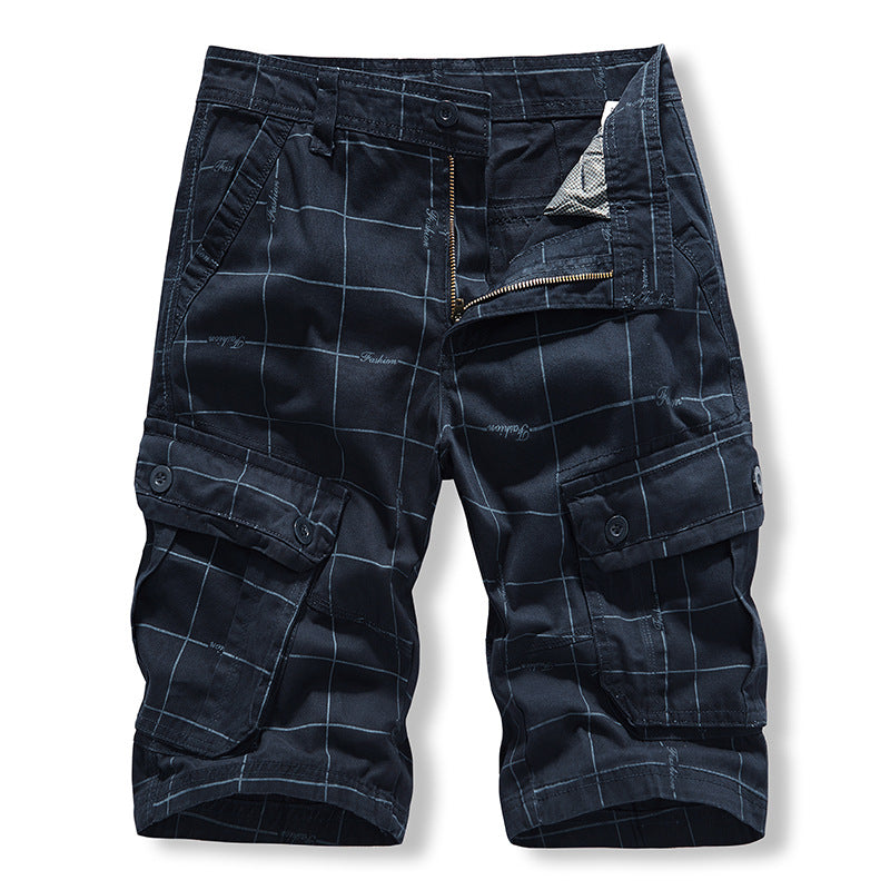 Work wear shorts: Men's middle-aged and old-age sports washed pure cotton pants, lattice Multi Pocket six point casual pants