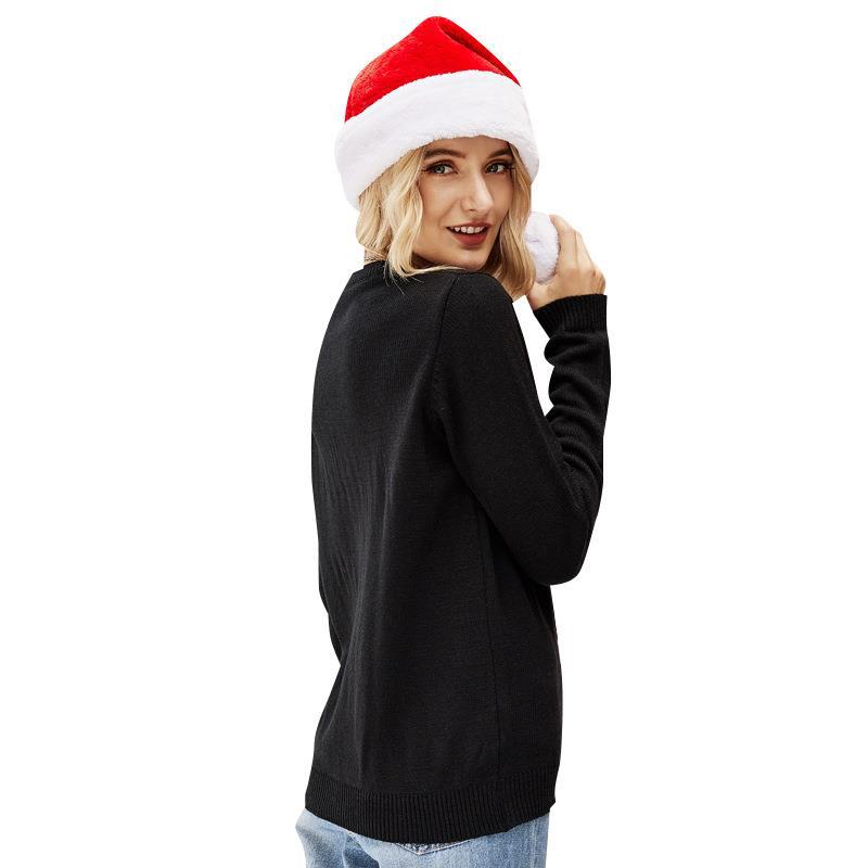 #Christmas# Black Long Sleeve Round Neck Pullover Sweater Santa Claus