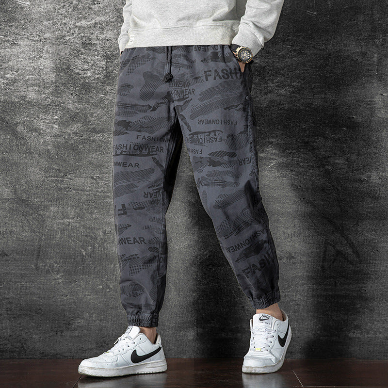 Camouflage overalls Pants: Men's seasonal trend, versatile, thin elastic belt, foot binding, handsome sports and leisure pants