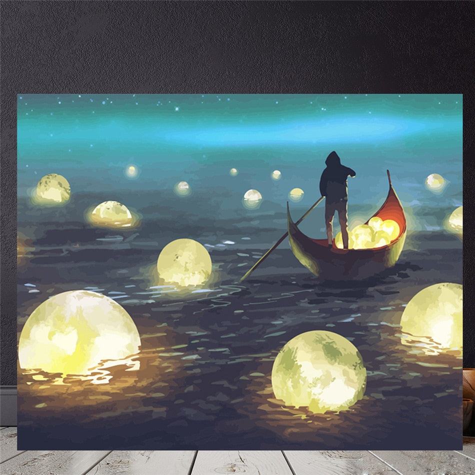 Moon And Boat Wall Art Oil Print Paintings