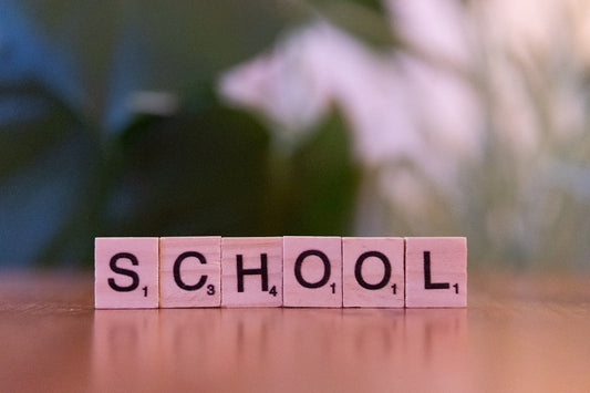 A wooden block spelling the word school on a table