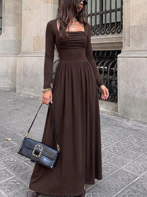 Ruched Square Neck Long Sleeve Maxi Dress