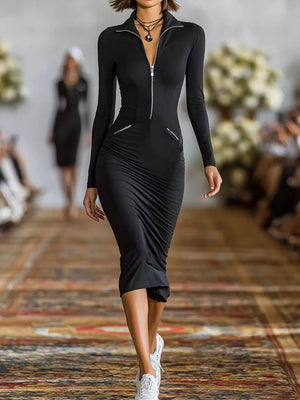 Full Size Zip-Front Bodycon Midi Dress Plus Size