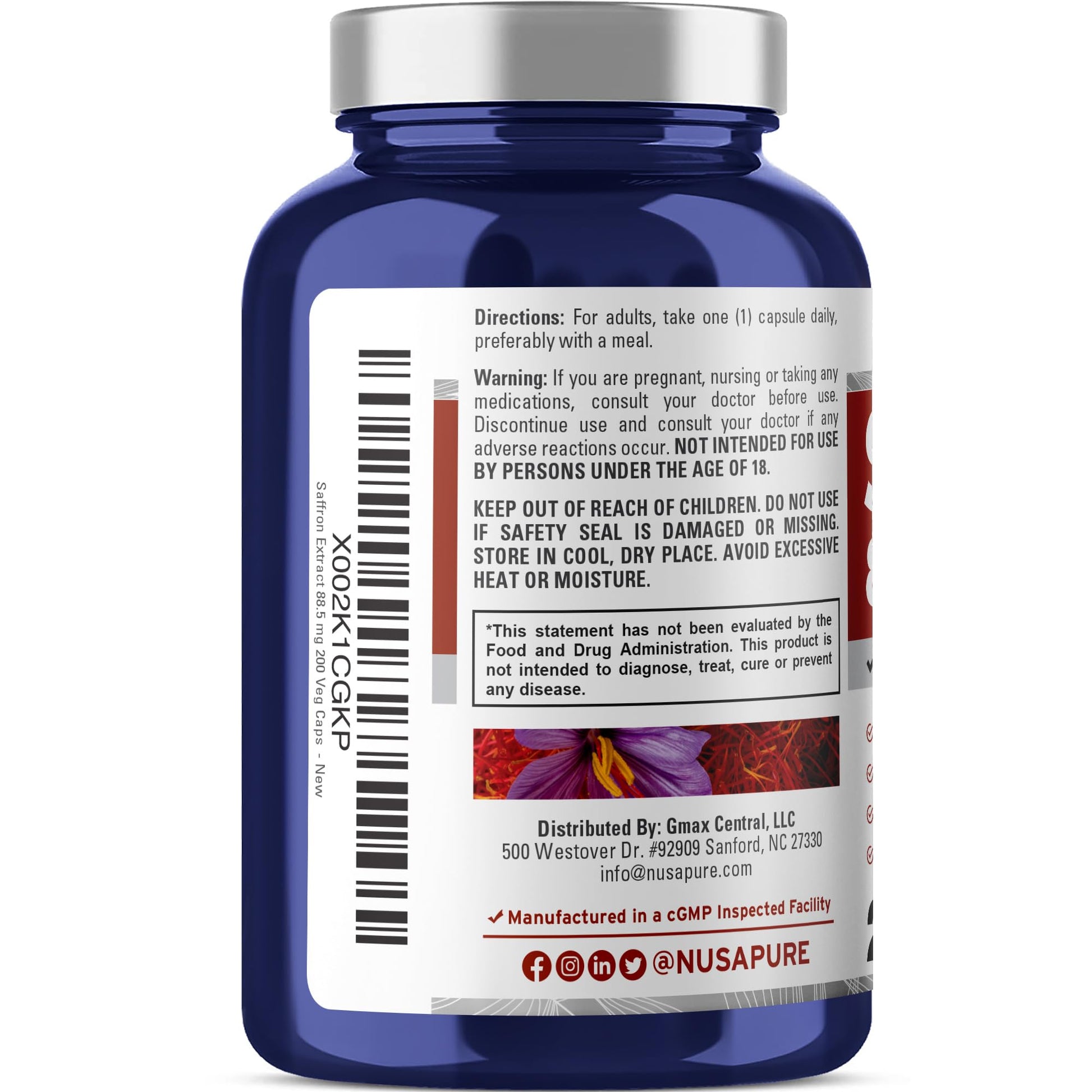 NusaPure Saffron Extract 88.5mg 200 Veggie Caps (Vegetarian, Non-GMO, Vegan) NusaPure