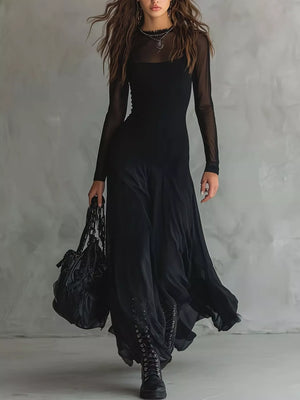 Elegant Gothic Sheer Mesh Long Sleeve Maxi Dress