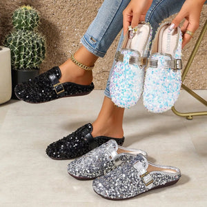 Sparkling Sequin Buckle Slip-On Loafers