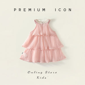 Pink Ruffle Strap Dress for Girls, Sweet Princess Dress with Necktie Design