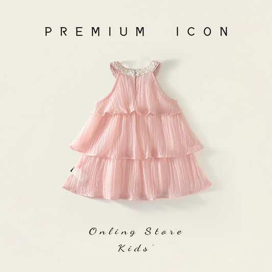 Pink Ruffle Strap Dress for Girls, Sweet Princess Dress with Necktie Design eprolo