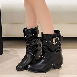 Rivet Embellished Slouchy Mid-Calf Boots