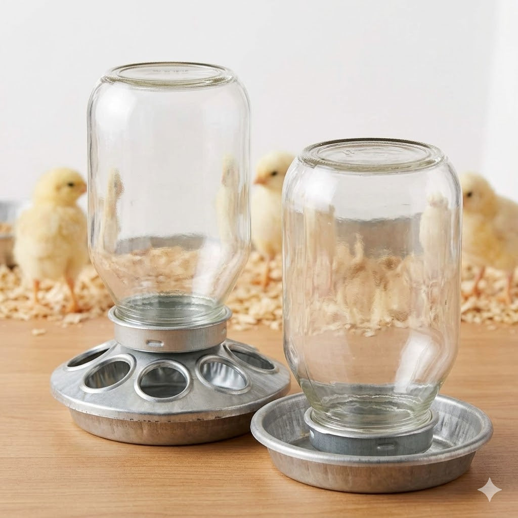 Mason Jar Baby Chick Feeder & Waterer Set - Galvanized Base with Glass Jar Bundle Paw and Tail Supply