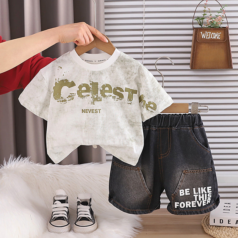 Two piece set of children's letter round neck short sleeved shorts eprolo