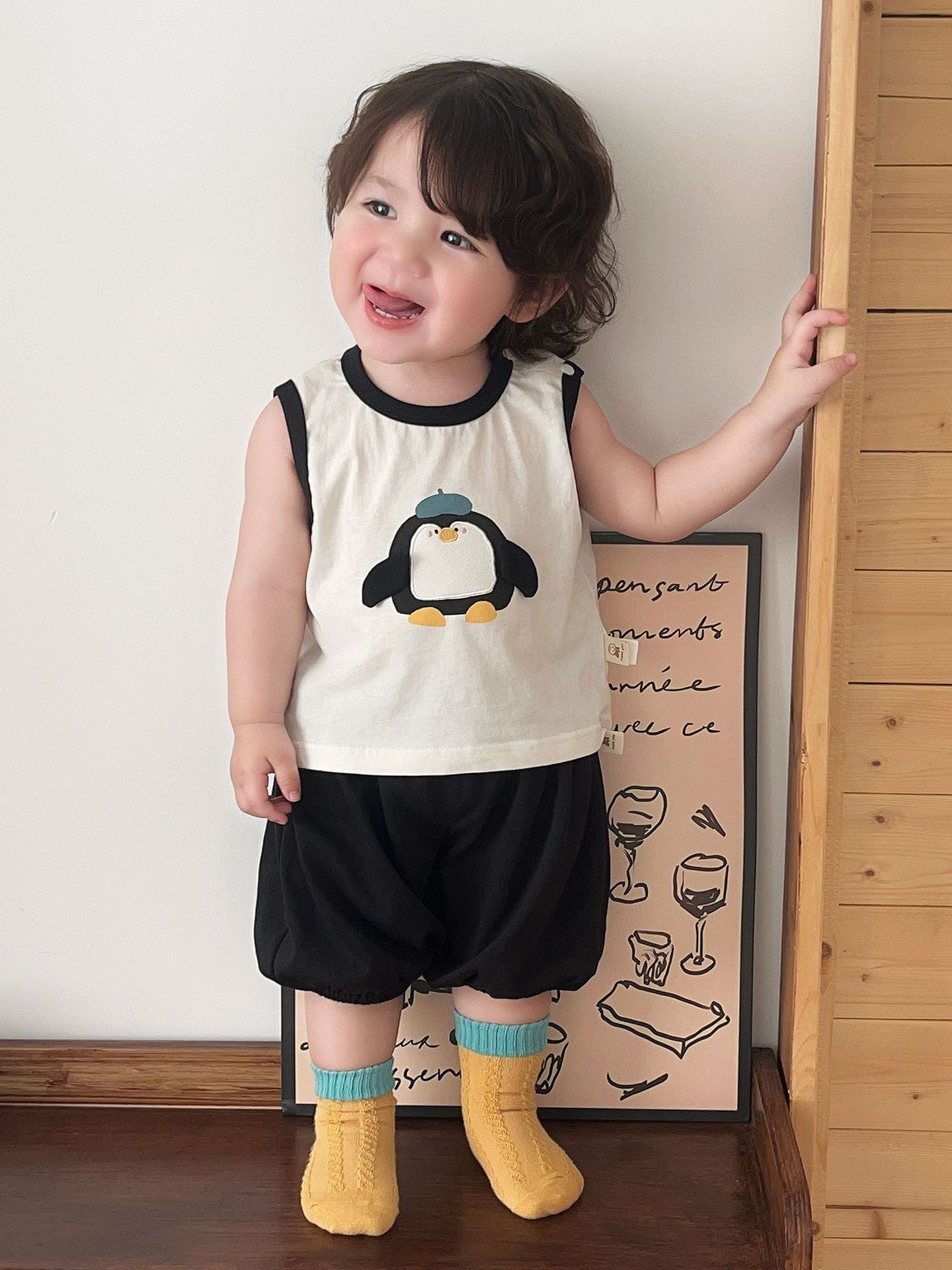 Baby Boy Simple Sporty Outfit Set Sleeveless Cartoon Tank Top, Lightweight Sun Protection Three-Piece Set eprolo