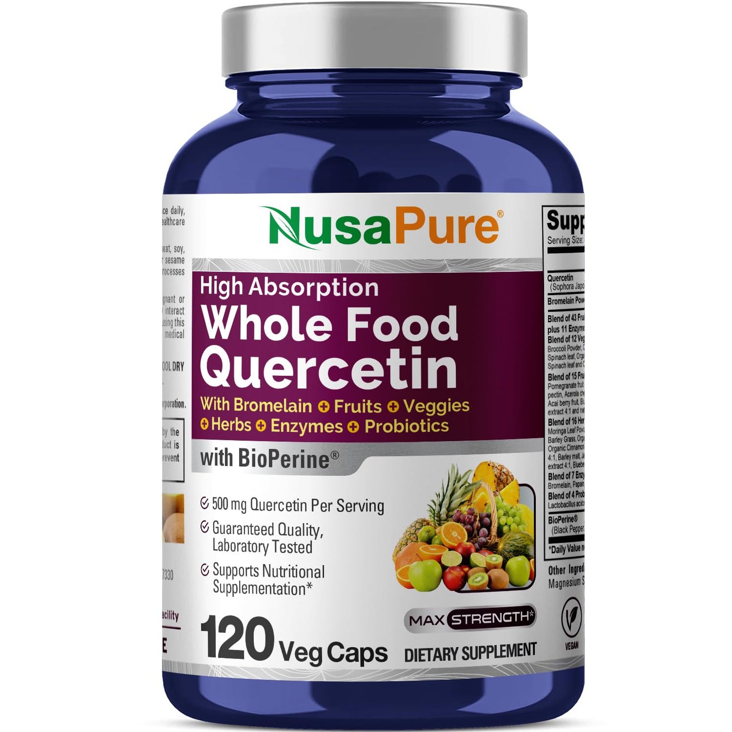 NusaPure Quercetin with Bromelain 500mg |120 Veggie Caps | 43 Fruit Veggie Grain Herbs Enzyme Probiotic Blend | Non-GMO, Vegan, Bioperine NusaPure