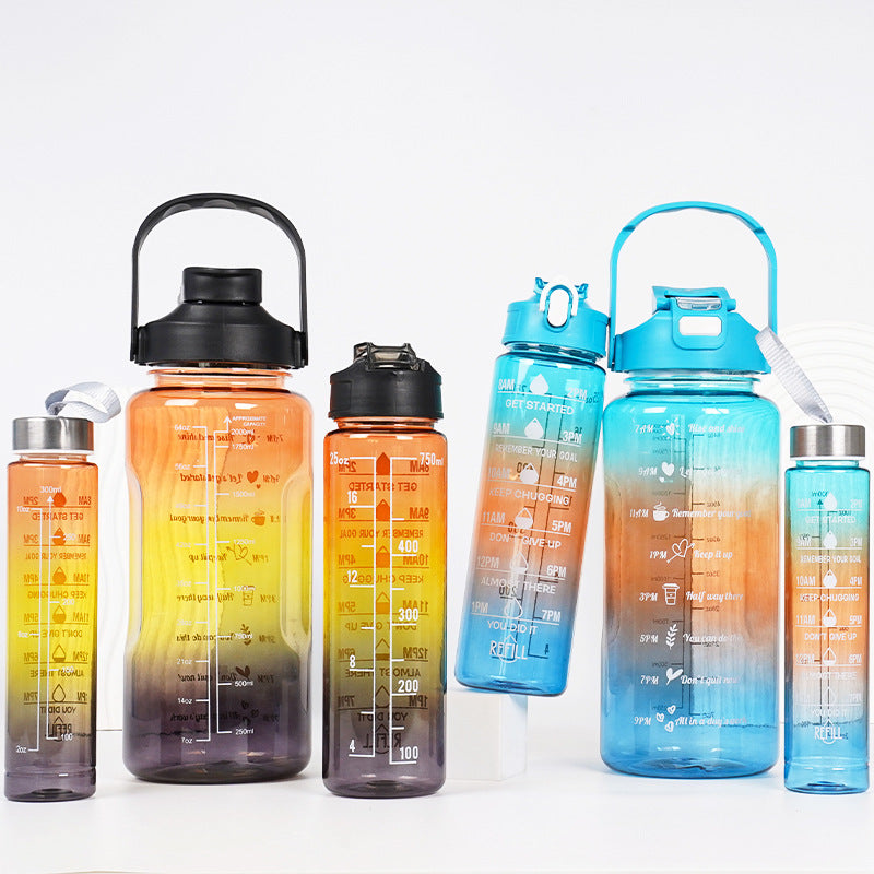 3-in-1 Gradient Color Motivational Water Bottles Set Plastic Straw Double Drink Translucent Outdoor Sports Bottle