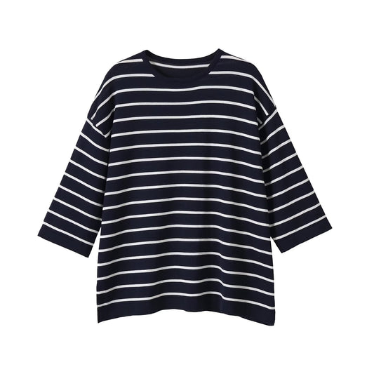 Simple and loose fine needle striped round neck knitted sweater for women eprolo