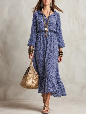 Floral Print Long-Sleeve Ruffle Hem Midi Dress