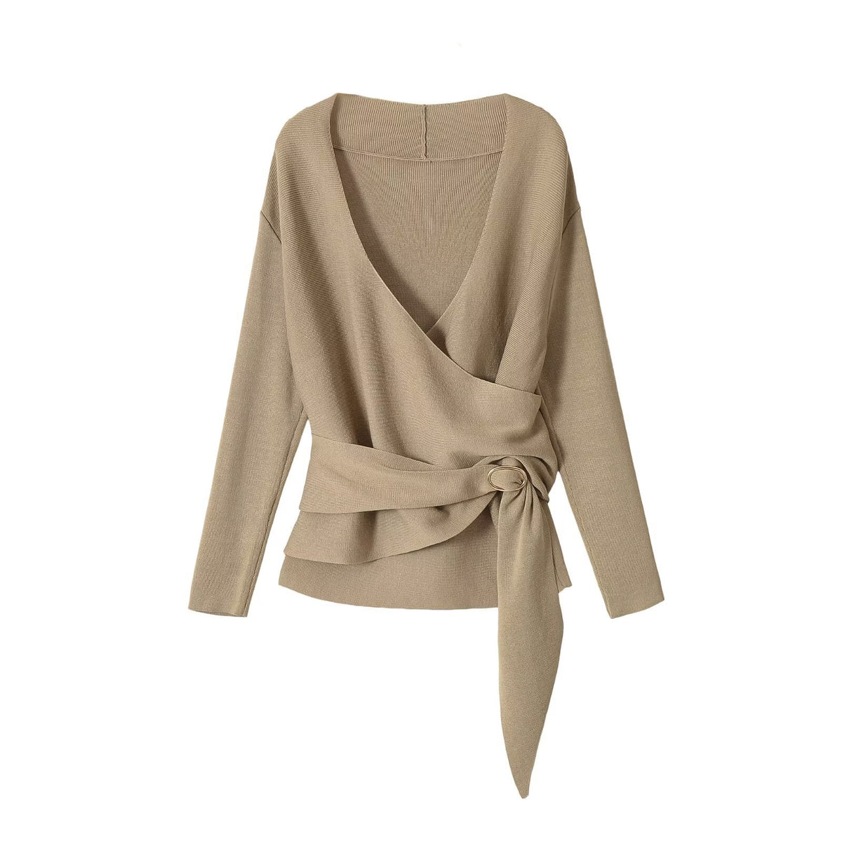 Double breasted waist belt V-neck long sleeved knitted sweater for women eprolo