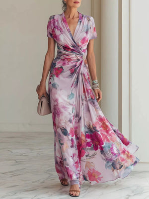 Floral Print Ruched Short Sleeve Maxi Dress