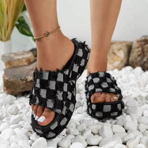 Checkered Frayed Edge Platform Sandals