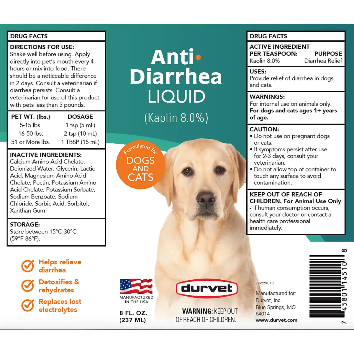 Durvet Kaolin Anti-Diarrhea Liquid 8 oz. Dogs & Cats Electrolyte Support Paw and Tail Supply