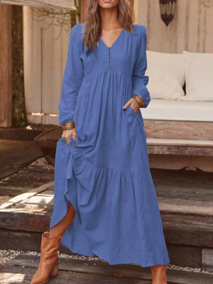 Full Size V-Neck Long Sleeve Tiered Maxi Dress with Pockets Plus Size