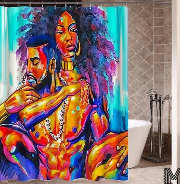 Art Design Graffiti Art Hip Hop African Girl with Black Hair Big Earring with Modern Building Shower Curtain for Bathroom Decor